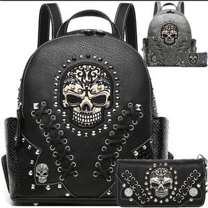 Black Skull Studded Backpack and Wallet Set NWT Vegan Leather Set​